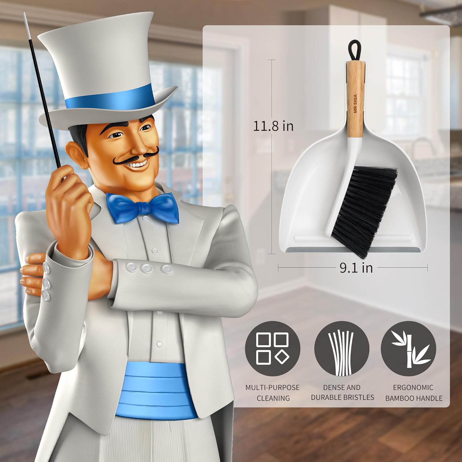 MR.SIGA_Dustpan_and_Brush_Set,_Portable_Cleaning_Brush_and_Dustpan_Combo_with_Bamboo_Handle,_White,_1_Set