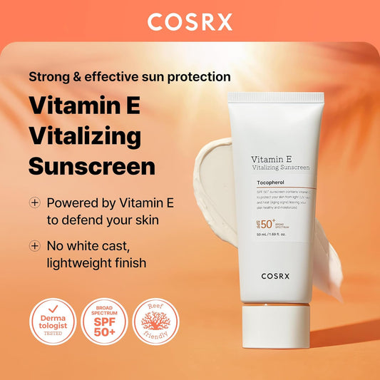COSRX_Vitamin_E_Vitalizing_Sunscreen,SPF_50_Face_Sunscreen,_Lightweight,_Non-Sticky,_No_White_Cast,_Hydrating,_Beach_Essentials,_Travel_Essentials,_Korean_Skincare,_Mothers_Day_Gift_for_Mom1.69_fl_oz