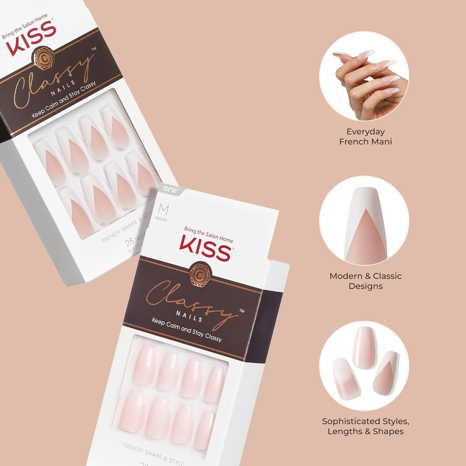 KISS_Classy,_Press_On_Nails,_Nail_glue_included,_'Dashing',_White,_Medium_Size,_Almond_Shape,_Includes_28_Nails,_2g_glue,_1_Manicure_Stick,_1_Mini_File