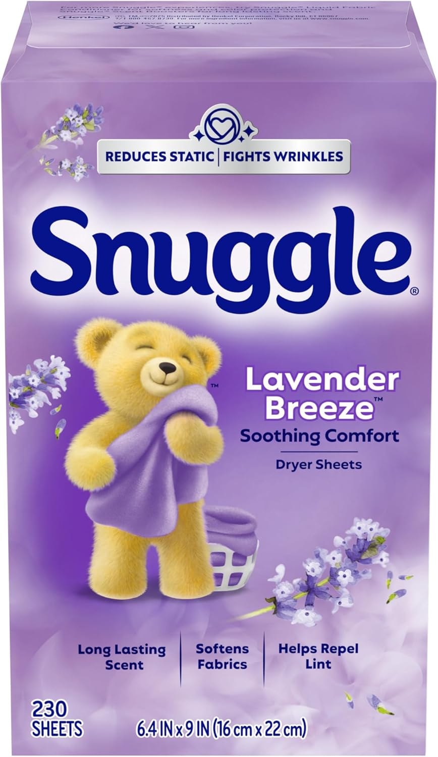 Snuggle_Fabric_Softener_Dryer_Sheets,_Lavender_Breeze_Soothing_Comfort,_230_Ct,_Long-Lasting_Fresh_&_Clean_Scent,_Softens_Fabric,_Reduces_Static,_Fights_Wrinkles,_Helps_Repel_Lint_&_Pet_Hair,_HE_Safe