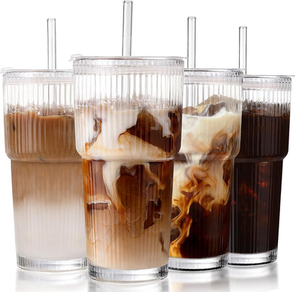 Iced_Coffee_Cups_with_Lids:_Coffee_Bar_Accessories_-_Ribbed_Glass_Tumbler_with_Straw_and_Lid_4Pcs_-_20oz_Leak_Proof_Tumbler_-_Reusable_Glass_Cups_and_Tumblers_with_Lid_and_Straws_for_To_Go_Iced_Coffee