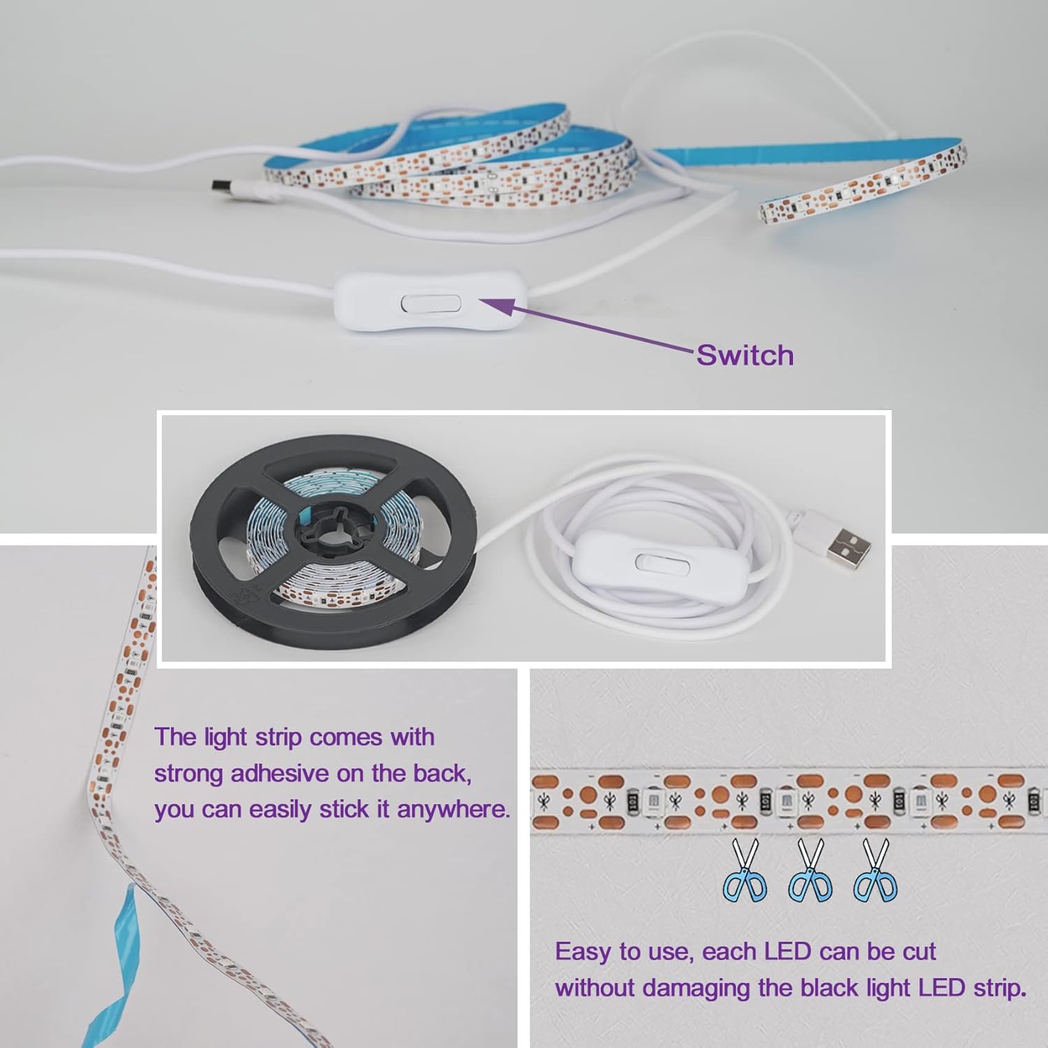 6.6FT/2M_LED_Black_Light_Strip_-_120_Units_LED_UV_Wick_395-400nm,_USB_DC_5V_Flexible_Blacklight_Fixtures,_10W_Blacklight_Strip_for_Indoor_Decor,_Glow_Poster,_Bedroom,_Playroom,_Halloween,_Dark_Party