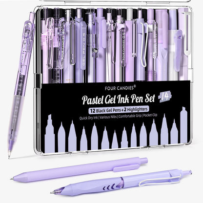 Four Candies Writing Ink Pens with Black &amp;amp; Purple Ink and 2Pack Highlighter Retractable 0.5mm Smooth Fine Point Pens Purple Pens for School Office Girly Stationery Aesthetic Desk Accessories Set of 14