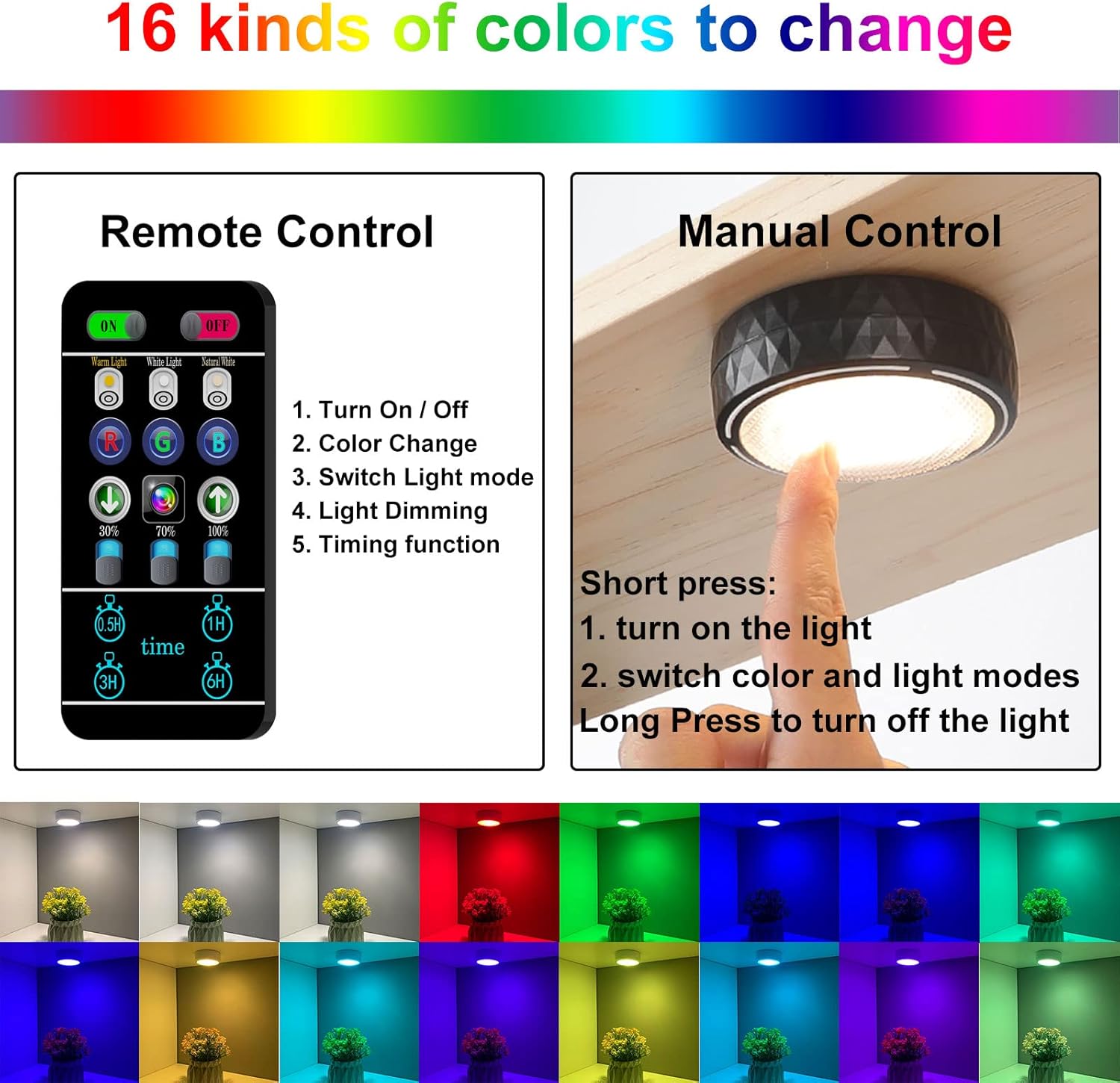 Battery_Operated_Puck_Lights_with_Remote_LED_Under_Cabinet_Lighting_Wireless_Stick_on_Lights_Color_Changing_Timer_Tap_Lights_for_Cabinets_Shelves_Closets_Display_Case_-_2/6_Pack-_Black/White
