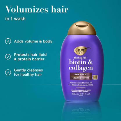 OGX_Thick_&_Full_+_Biotin_&_Collagen_Volumizing_Shampoo,_Nutrient-Infused_Hair_Shampoo_with_Vitamin_B7_Biotin_Gives_Hair_Volume_&_Body_for_72+_Hours,_Sulfate-Free_Surfactants,_13_fl._oz