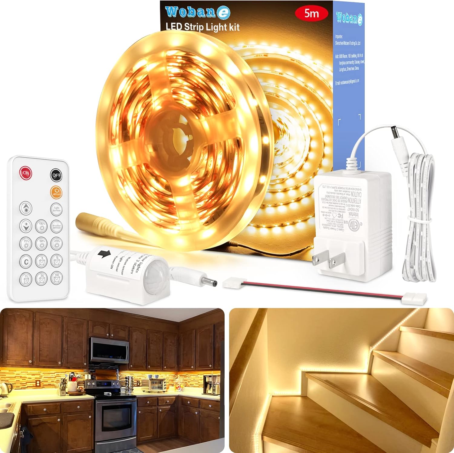 WOBANE_LED_Strip_Lights,_Motion_Sensor_Light_Strip_with_Remote_and_Adapter,_Night_Light,_Dimmable_Function,_16.4ft/32.8f_Tape_Lighting_for_Kitchen,_Under_Cabinet,_Bedroom,_Shelf,_Bed,_Warm_White/White