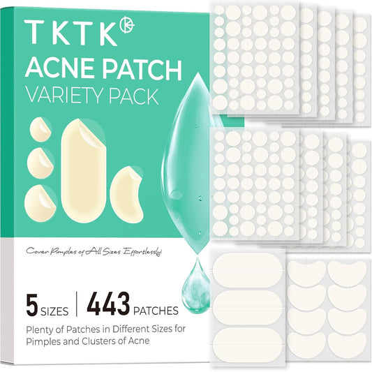 TKTK_443_Count_Pimple_Patches_for_Face,_Hydrocolloid_Acne_Patch_Bulk,_Acne_Stickers_for_Covering_Cheeks,_Forehead,_Chin_Blemishes_Zit_Breakouts_for_All_Skin_Types_(Dots,_Strip,_Contoured_5_Sizes)
