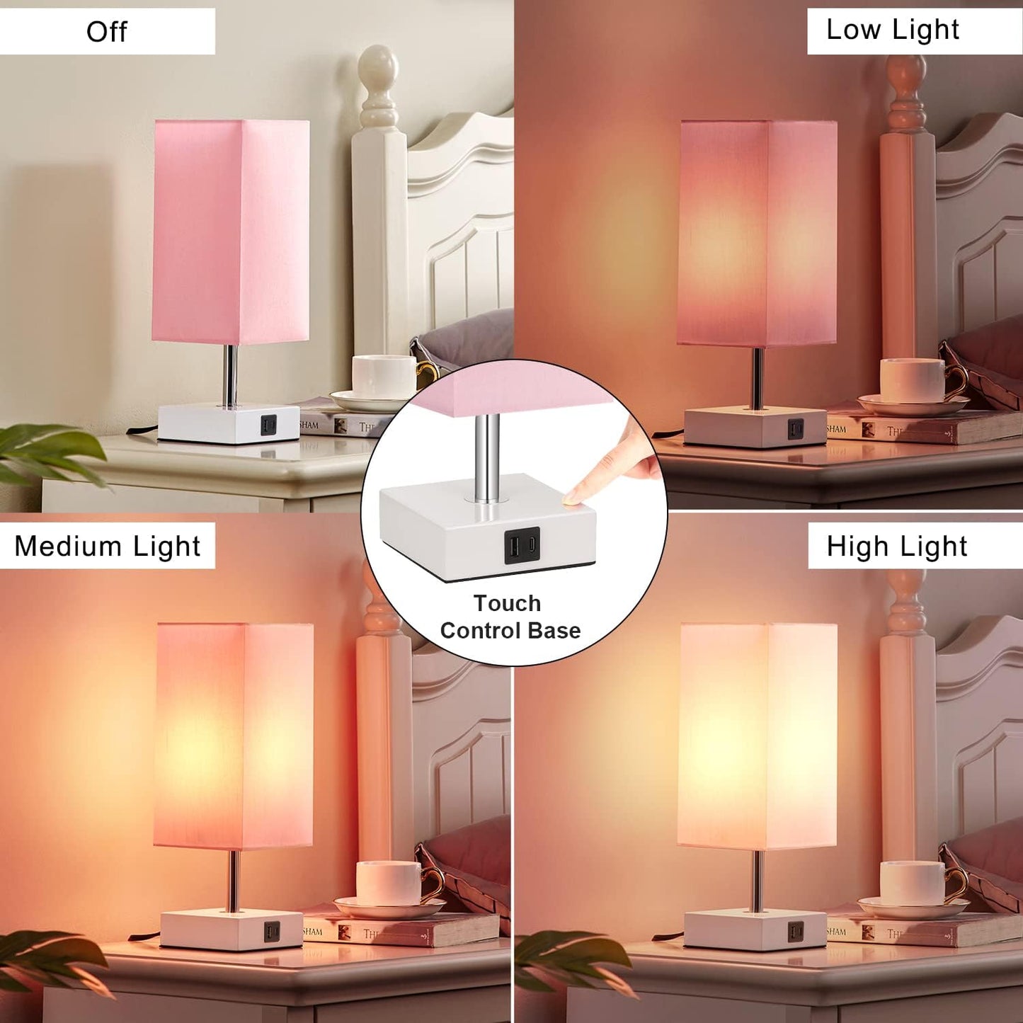 Ambimall_Touch_Control_Table_Lamp_with_2_USB_Charging_Ports,_3_Way_Touch_Lamps_Beside_Desk,_Nightstand_Lamp_for_Bedrooms_Living_Room,_Pink_Shade_with_White_Base,_LED_Bulb_Included(Pink)