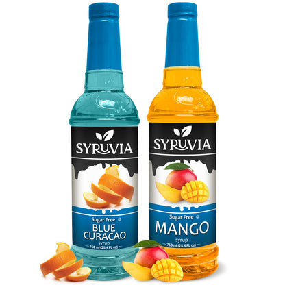 Syruvia Sugar-Free Fruit Flavors Variety Pack Blue Curacao &amp;amp; Mango Syrup - 0 Calorie - for Tea, Italian Sodas, Beverages, Desserts, Ice Cream, Cocktails &amp;amp; Mocktails, Kosher, 25.4 fl oz. (2-Pack)