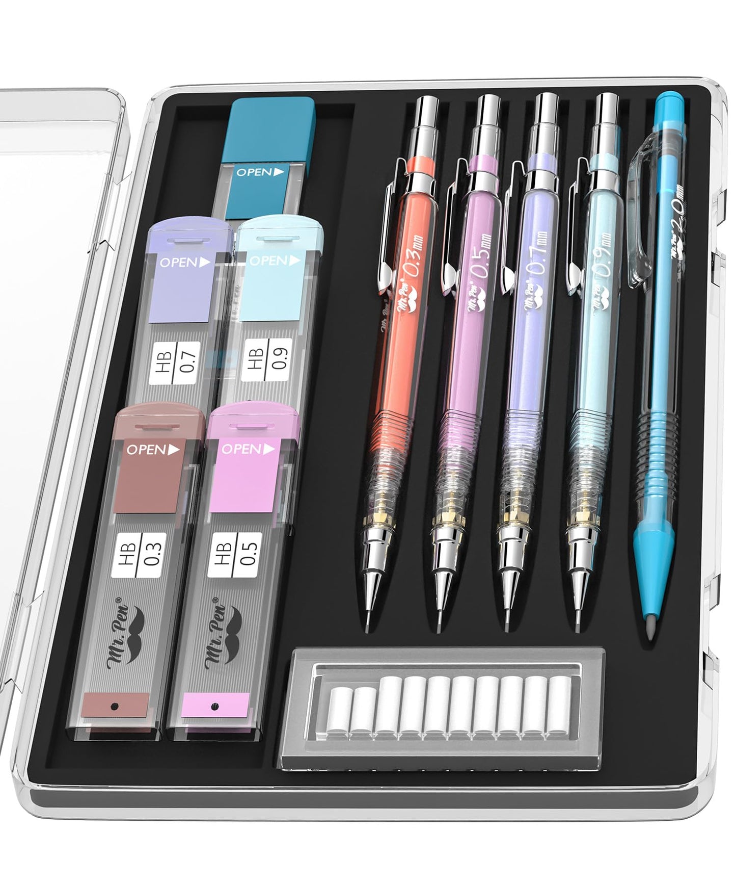 Mr. Pen- Pastel Mechanical Pencil Set with Black Lead and Eraser Refills, Clear Barrel, 0.3, 0.5, 0.7, 0.9, 2mm, Pastel Mechanical Pencils, Cute Mechanical Pencil Set, Aesthetic Mechanical Pencils