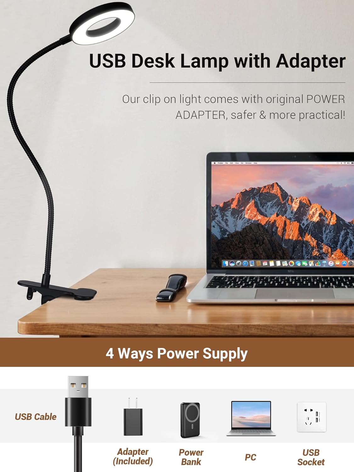 Clip_on_Lamp,5_Colors+10_Brightness_LED_Desk_Lamp_with_Clamp,550lm_Bright_Clip_on_Light_for_Bed_Headboard/Bedside_Table,360°Adjustable_Reading_Light_for_Bed,Desk_Lights_for_Home_Office_Study_[Adapter]