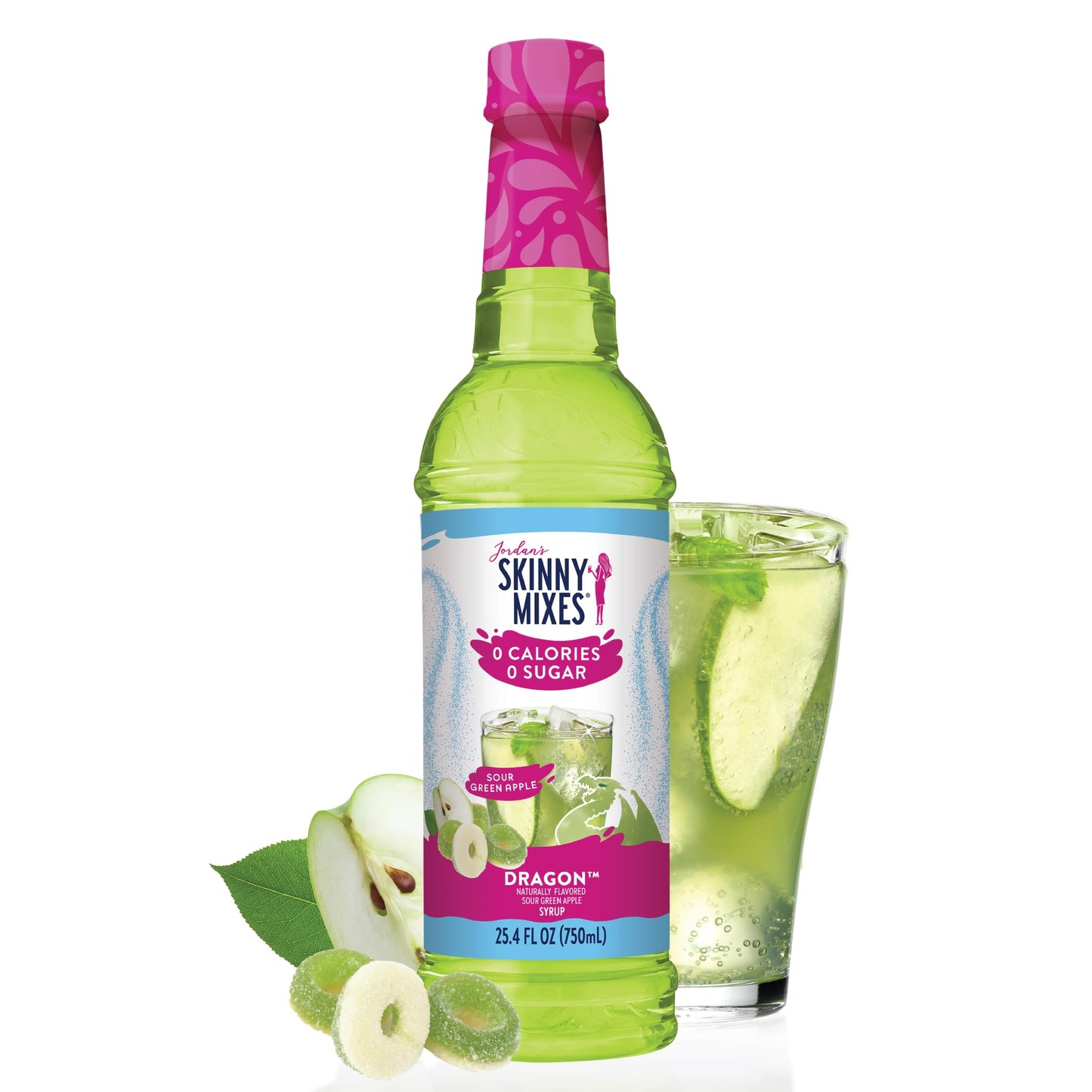 Jordan&amp;#39;s Skinny Mixes Sugar Free Syrup, Sour Green Apple, Fruit Flavored Water Enhancer, Drink Mix for Iced Tea, Lemonade, Drinks, Low Calorie Water Flavoring, Dairy &amp;amp; Gluten Free, Kosher, 25.4 Fl Oz