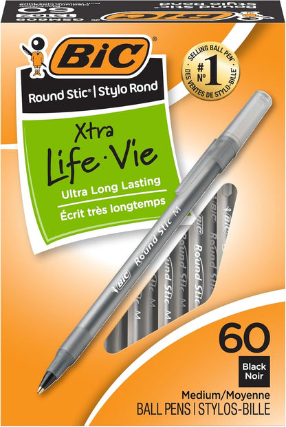 BIC_Round_Stic_Xtra_Life_Ballpoint_Pen,_Ultra_Long_Lasting_and_Consistent_Ink_Flow,_60-Count_in_Black_Ink