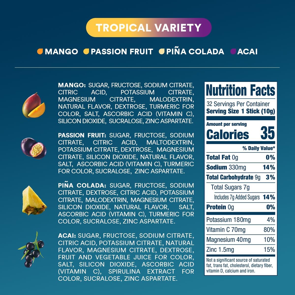 DripDrop_Hydration_Packets_-_Tropical_Variety_Pack_-_Single_Serve_Electrolytes_Powder_Drink_Mix_-_Mango,_Açai,_Passion_Fruit,_Piña_Colada_-_Non-GMO,_Gluten_Free,_Vegan_-_32_Sticks