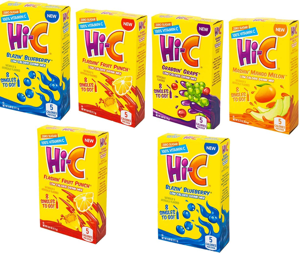 Hi-C Singles To Go Drink Mix Variety Pack, 2 Blazin&amp;#39; Blueberry, 2 Flashin&amp;#39; Fruit Punch, 1 Grabbin&amp;#39; Grape, 1 Mashin&amp;#39; Mango Melon, 1 CT