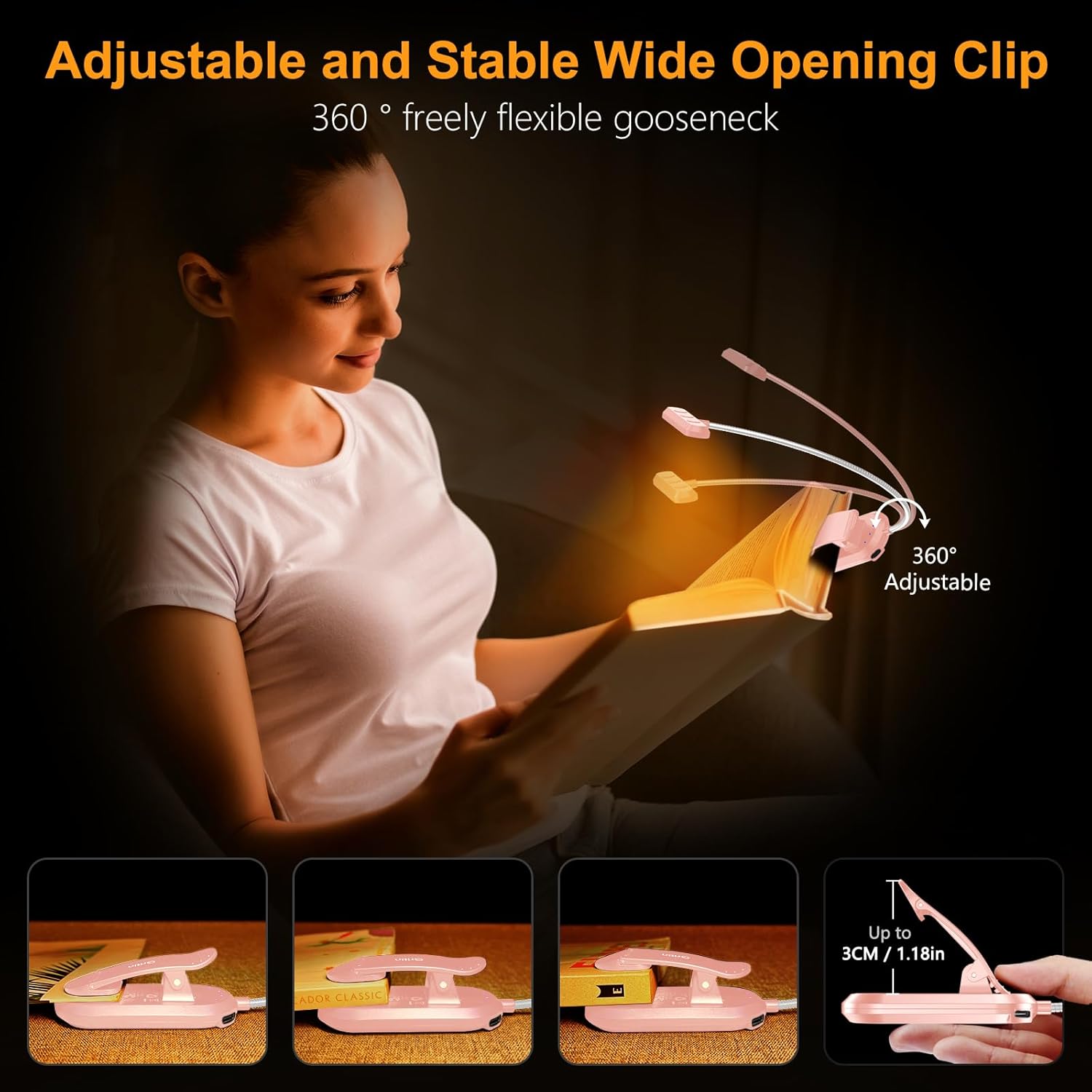 Gritin_Rechargeable_Book_Light_for_Reading_in_Bed_with_19_LED_&Memory_Function-Eye_Caring_3_Color_Temperatures,5_Brightness_Levels,80_Hrs_Runtime_Flexible_Goose_Neck_Clip_on_Light-Pink