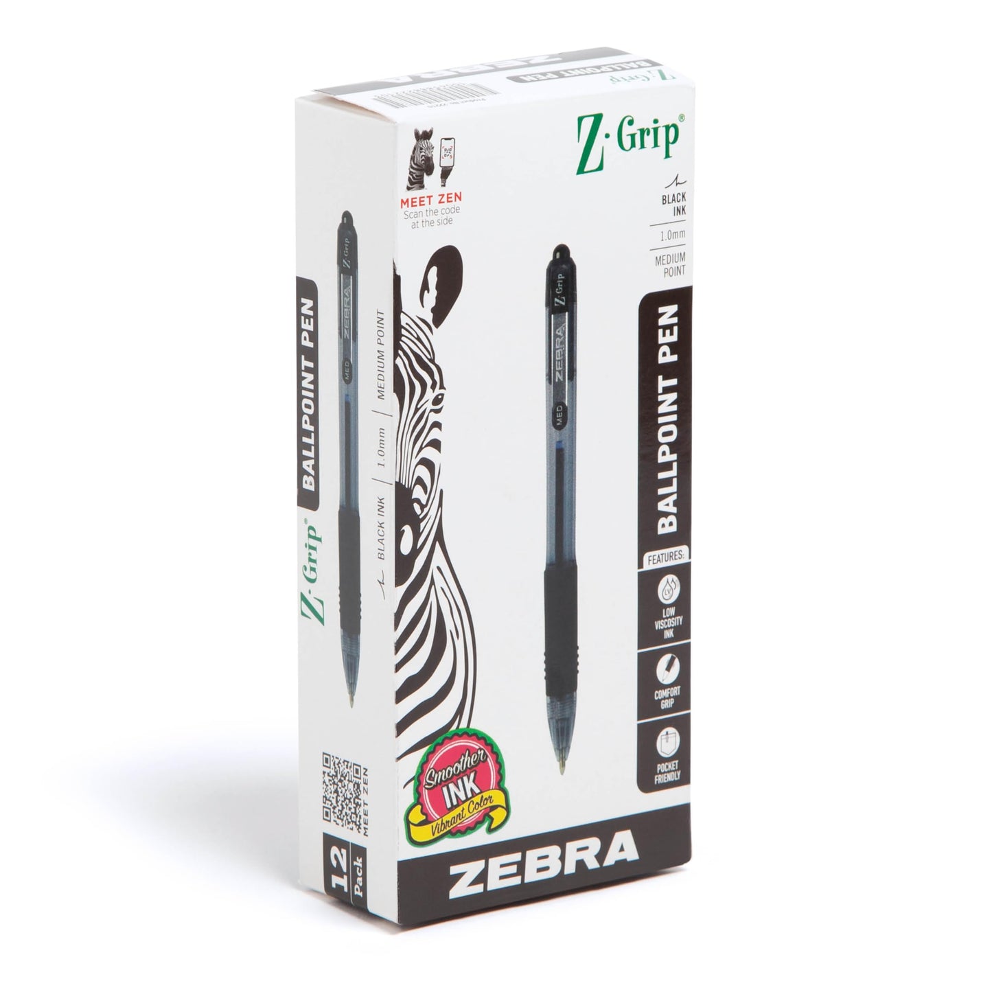 Zebra Pen Z-Grip Retractable Ballpoint Pen, Smooth-Flowing Black Ink, 1.0mm Medium Point, School &amp;amp; Office Supplies, Ideal for Note-Taking, Journal and Planner Use, 12-Pack (22210)
