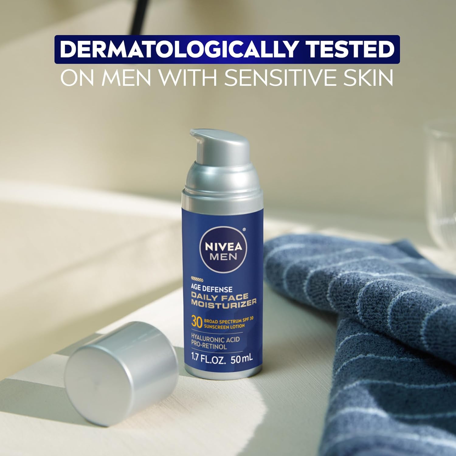 NIVEA_MEN_Age_Defense_Daily_Face_Moisturizer_with_Broad_Spectrum_SPF_30_Sunscreen,_Pro-Retinol_and_Hyaluronic_Acid,_Beard-Friendly_Face_Lotion_Helps_Defend_Against_UVA/UVB_Rays,_1.7_Fl_Oz_Bottle