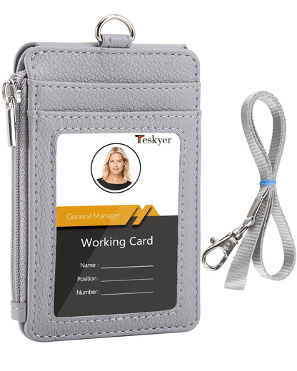 Teskyer Badge Holder with Side Zip Pocket, Multiple Card Slots Leather ID Holder Wallet with Neck Lanyard for Office Staffs, Teachers/Students, Workers, Cruise Cards, Bus/Metro Cards, Lichee Gray