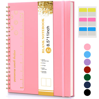 Blank Spiral Notebook Journal 8.5” x 11”, A4 Large Pink Sketch Book for Women Men, 100 GSM Blank Paper Drawing Notebook, Plastic Hardcover Spiral Bound Sketchbook for Sketching Work School Writing