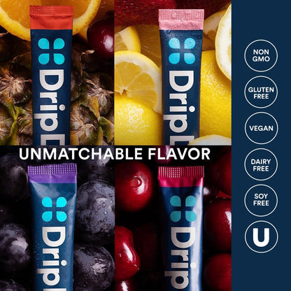 DripDrop_Hydration_Packets_-_Juicy_Variety_Pack_-_Single_Serve_Electrolytes_Powder_Drink_Mix_-_Grape,_Fruit_Punch,_Strawberry_Lemonade,_Cherry_-_Non-GMO,_Gluten_Free,_Vegan_-_32_Sticks