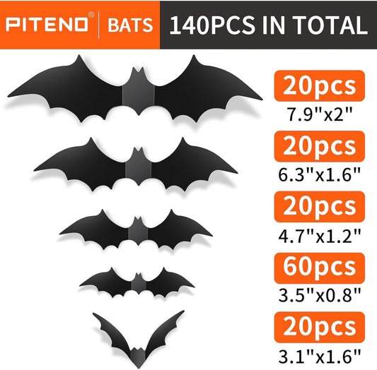 Piteno®_140Pcs_Bats_Halloween_Decorations_Party_Supplies,_Realistic_PVC_3D_Black_Scary_Bat_Stickers_for_Creepy_Home_Decor_Halloween_Party_Decorations_DIY_Wall_Window_Decal_Bathroom_Indoor