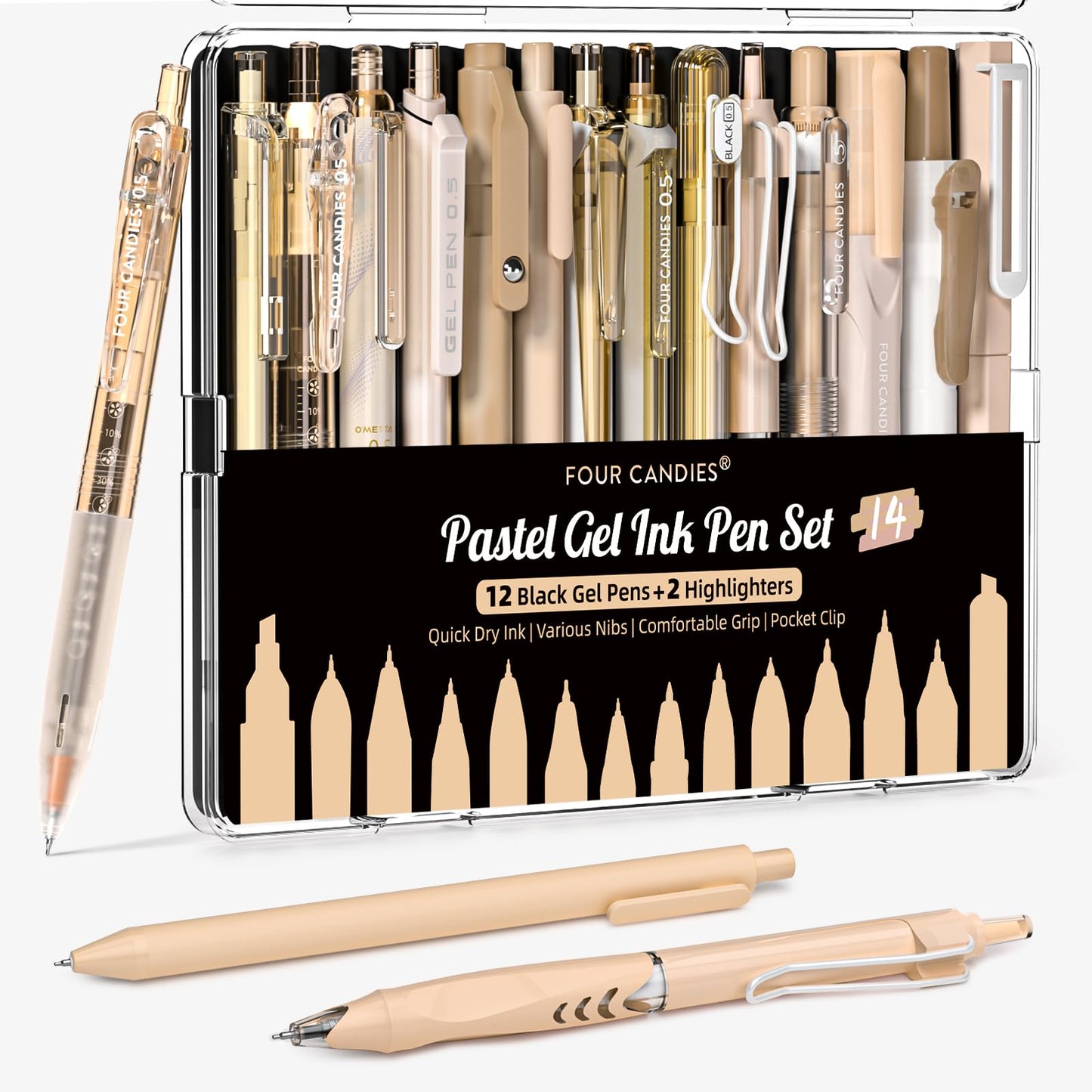 Four Candies Writing Ink Pens with Black &amp;amp; Brown Ink and 2Pack Highlighter, Retractable 0.5mm Smooth Fine Point Pens,Brown Pens for School, Office Girly Stationery Aesthetic Desk Accessories Set of 14