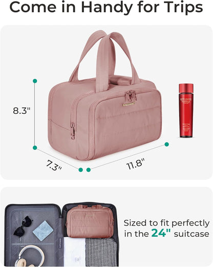 BAGSMART_Travel_Toiletry_Bag,_Lightweight_Large_Wide-open_Travel_Bag_for_Women,_Puffy_Cosmetic_Makeup_Bag_Organizer_with_Handle_for_Accessories,Essentials,_Toiletries,_Dark_Pink