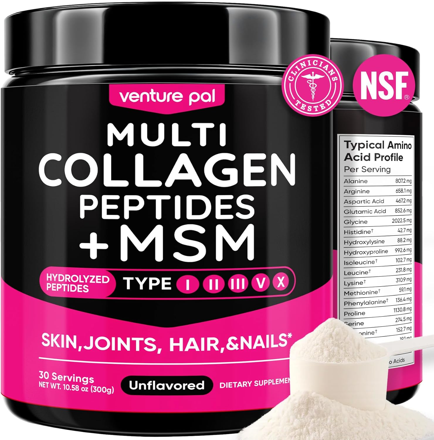 Venture_Pal_Multi_Collagen_Powder_Type_I,_II,_III,_V,_X_–_Hydrolyzed_Collagen_Peptides_MSM,_GC,_Hyaluronic_Acid_Vitamin_C_|_Collagen_Supplement_for_Women_|_Joint,_Hair,_Skin_&_Nail_Support_|_Non-GMO