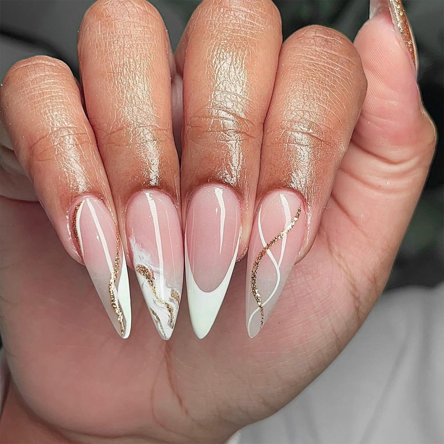 White French Tip Press on Nails Almond Medium Fake Nails False Nails with Design Glitter Swirl Glossy Full Cover Acrylic Glue on Nails Artificial Stick on Nail for Women Manicure 24Pcs