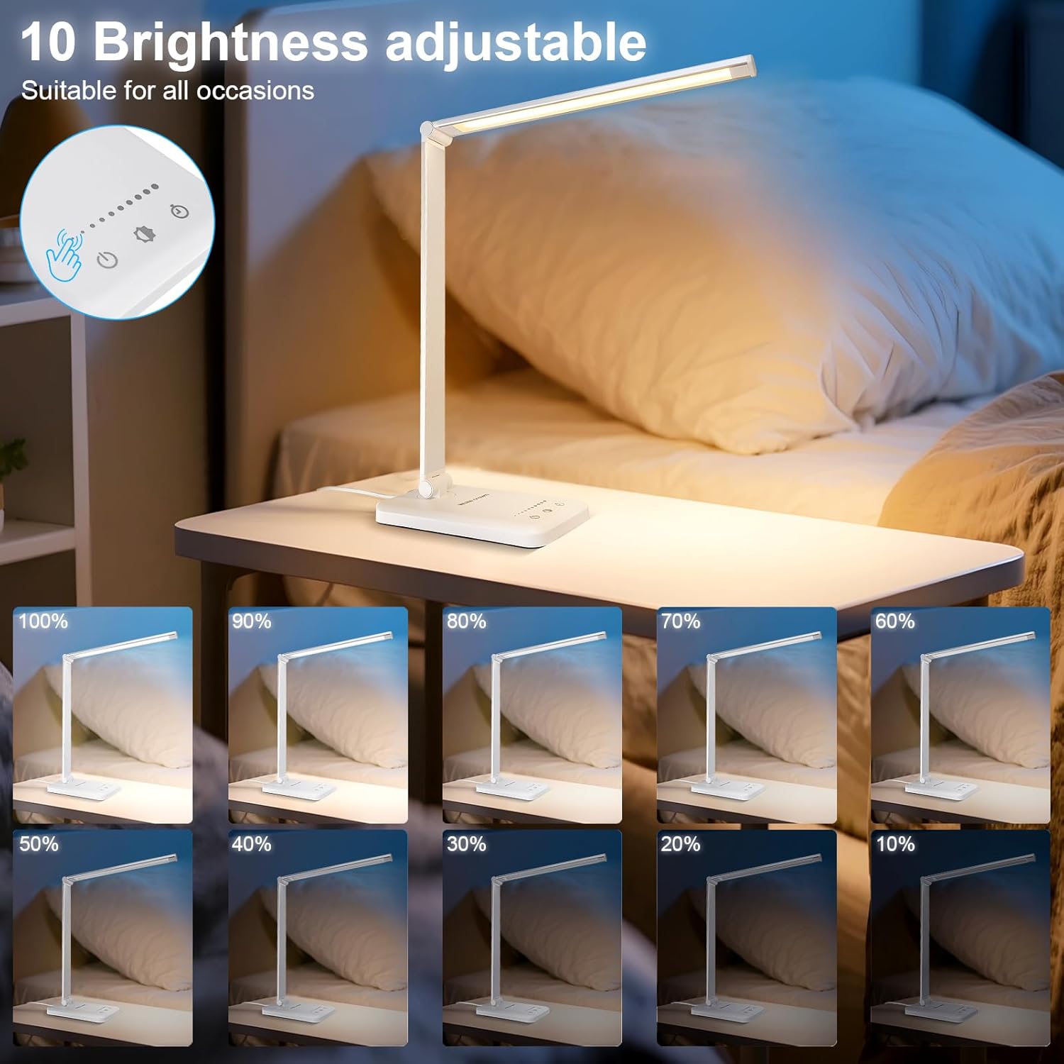 White_crown_LED_Desk_Lamp_Dimmable_Table_Lamp_Reading_Lamp_with_USB_Charging_Port,_5_Lighting_Modes,_Sensitive_Control,_30/60_Minutes_Timer_(White,_First-Generation)