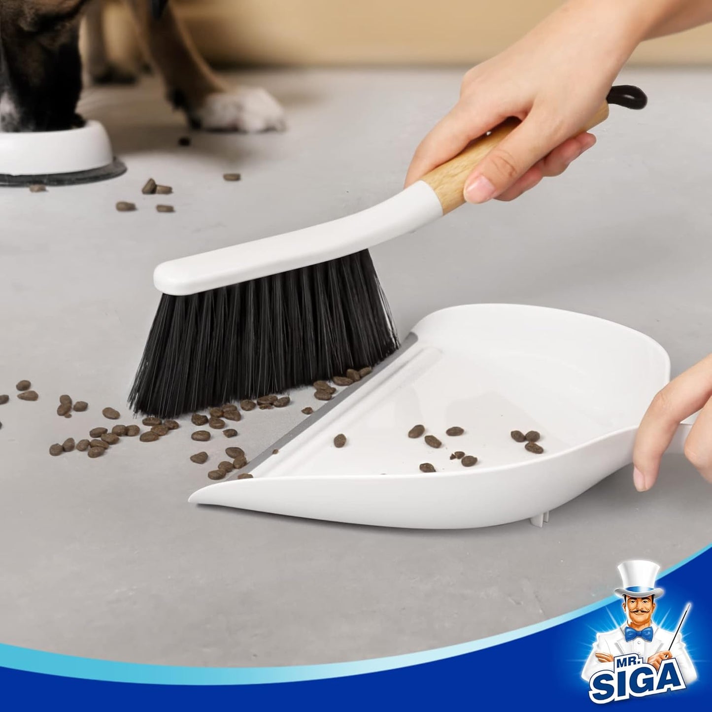 MR.SIGA_Dustpan_and_Brush_Set,_Portable_Cleaning_Brush_and_Dustpan_Combo_with_Bamboo_Handle,_White,_1_Set
