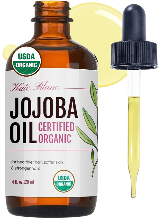 Kate_Blanc_Cosmetics_Jojoba_Oil_Organic_for_Hair,_Skin_&_Face_(4oz,_100%_Pure,_Cold_Pressed,_Unrefined,_Natural,_Hexane_Free,_Glass_Bottle)