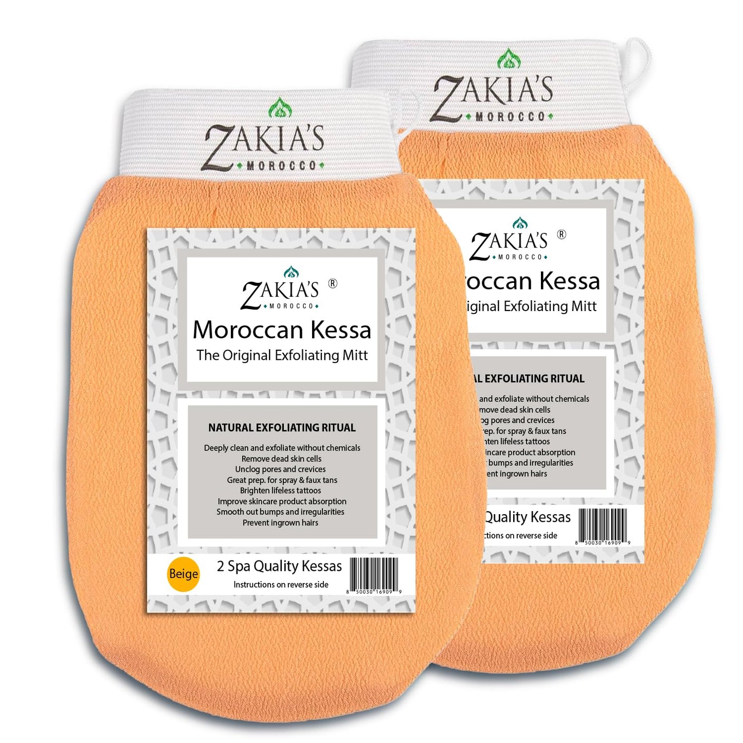 Original Kessa Exfoliating Glove -Value Pack (2pcs) -Beige - Microdermabrasion At Home Exfoliating Mitts, Removes unwanted dead skin, dirt and grime and Keratosis Pilaris. Great for spray tan removal