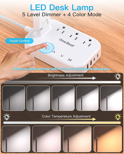 One_Beat_LED_Small_Desk_Lamp_Power_Strip_5ft_Extension_Cord,_3_Outlets,_4_USB_Ports(2_USB_C),_4_Modes,_5_Level_Touch-_Home,_Office,_Bedroom,_Bedside,_Study_Reading_Light,_Dorm_Room_Essentials,_White