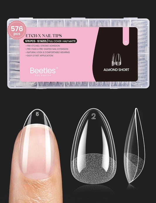 Beetles_Gel_Nail_Tips_576Pcs_Pre-shape_Short_Almond_Etch-X_Nail_Tips,12_Sizes_Soft_Acrylic_False_Nail_Tips_Half_Matte_Full_Cover_Easy_DIY_Press_On_Nail_Extensions_Art_Salon_Gift_Set_for_Women