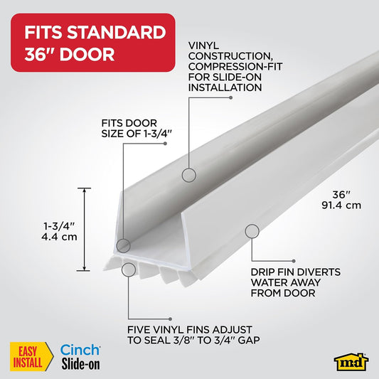 M-D_Building_Products_Vinyl_Cinch®_U-Shape_Door_Bottom_Seal,_Slide-On_Weatherstripping_Draft_Stopper,_Easy_to_Install,_Fits_36”_x_1-3/4”_Doors,_Fills_3/8”-_3/4”_Gaps,_43336,_White