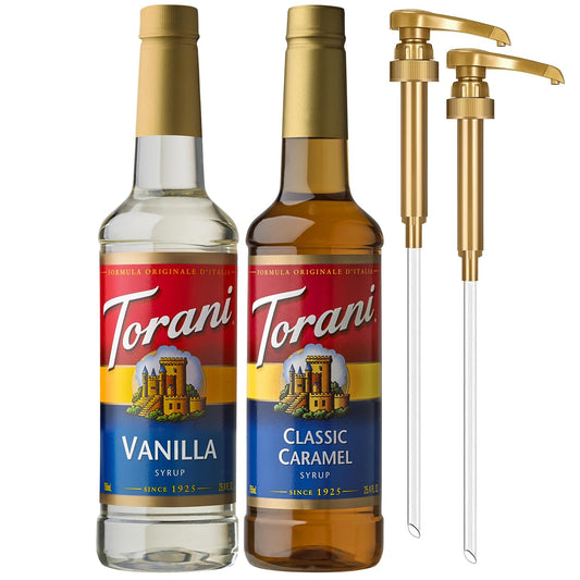 Torani_Syrups,_Classic_Caramel_and_Vanilla_Syrup_Variety_2-Pack,_Coffee_Syrups_for_Drinks,_Pumps_Included,_25.4_Fl_Oz_Ea