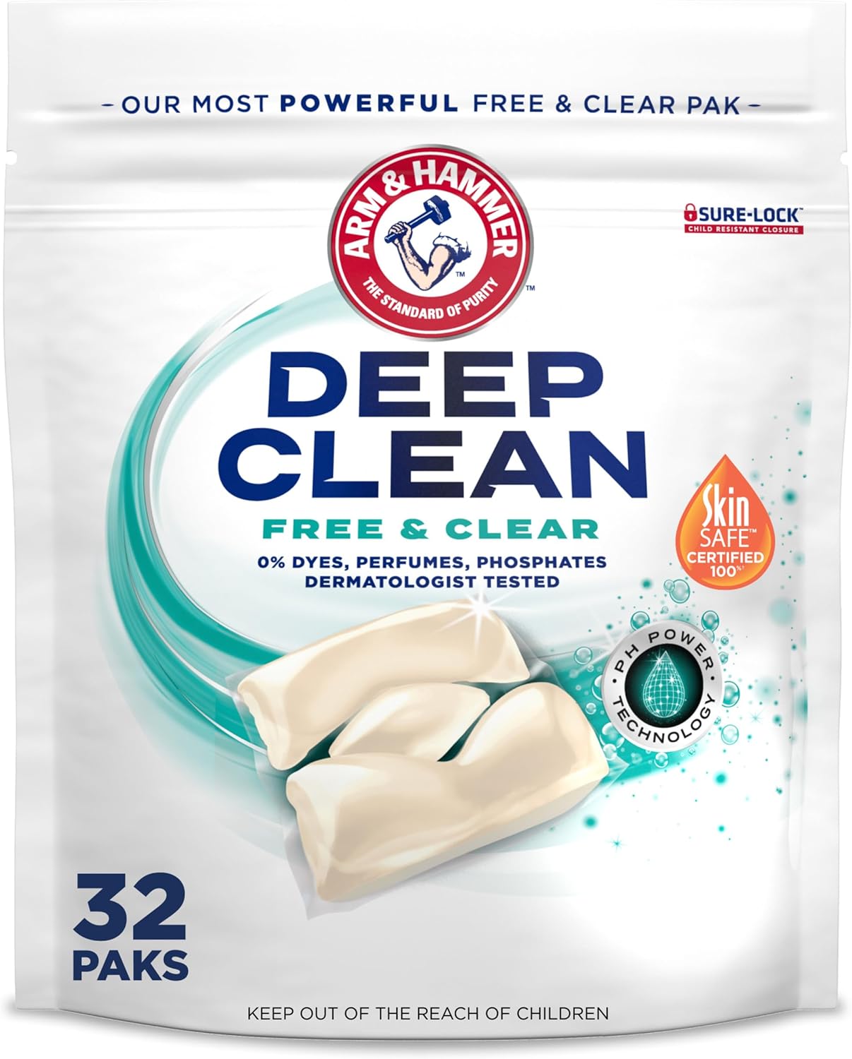 ARM_&_HAMMER_Deep_Clean_Free_&_Clear_Laundry_Detergent_Power_Paks,_Free_of_Dyes_and_Perfumes,_Dermatologist_Tested,_32_Count