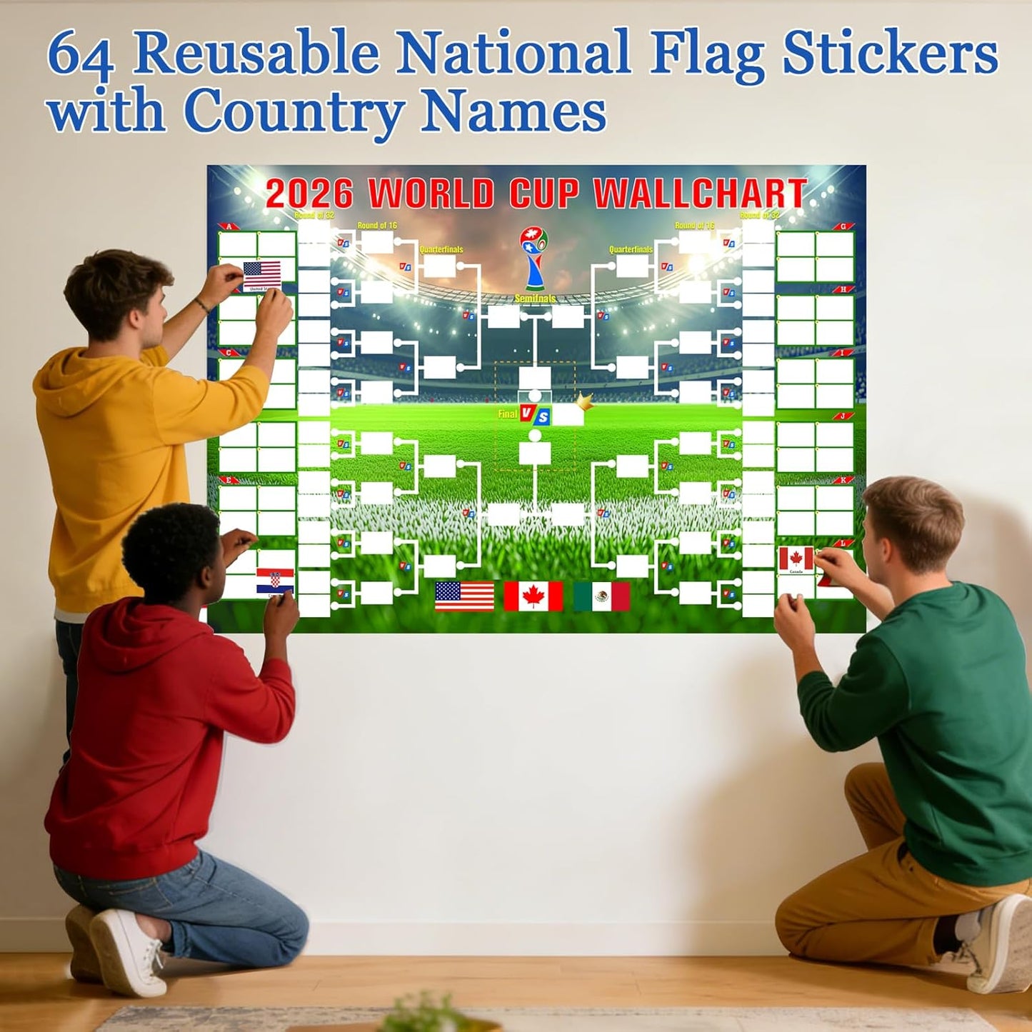 YANGALOOP_36x24_inches_Predict_2026_World_Cup_Schedule_Poster，64_Reusable_National_Flag_Stickers_with_Country_Names,_Soccer_Poster_2026_World_Cup_Merchandise,_Soccer_Gifts_for_Boys_Room_Decor