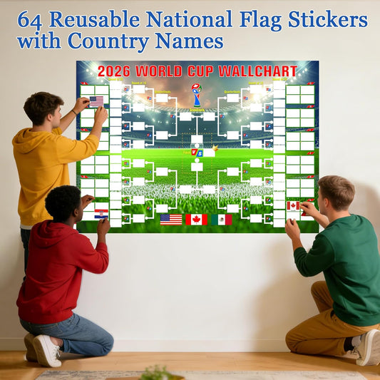 YANGALOOP_36x24_inches_Predict_2026_World_Cup_Schedule_Poster，64_Reusable_National_Flag_Stickers_with_Country_Names,_Soccer_Poster_2026_World_Cup_Merchandise,_Soccer_Gifts_for_Boys_Room_Decor