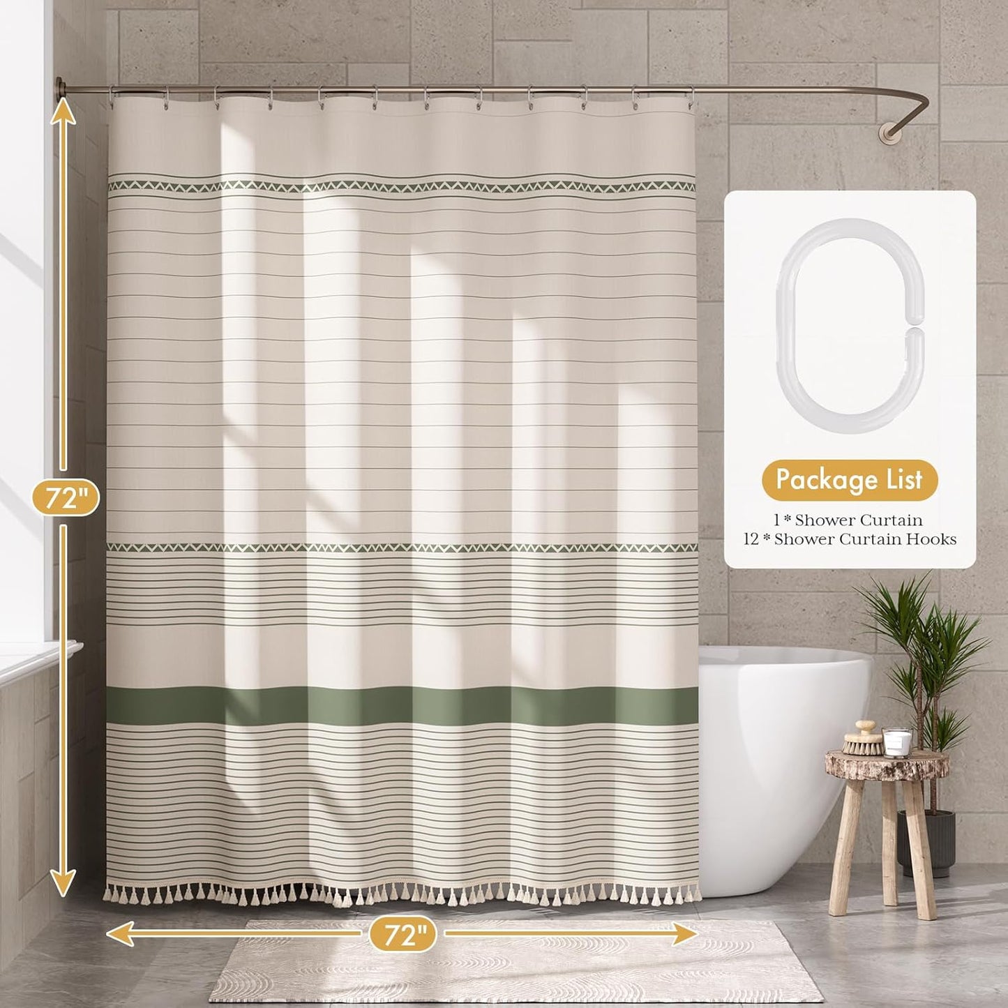 AmazerBath_Boho_Shower_Curtain,_Modern_Farmhouse_Shower_Curtain_Set_with_Tassels,_Rustic_Faux_Linen_Green_Striped_Shower_Curtain_with_Hooks,_Light_Tan_Toned,_72x72_Inches
