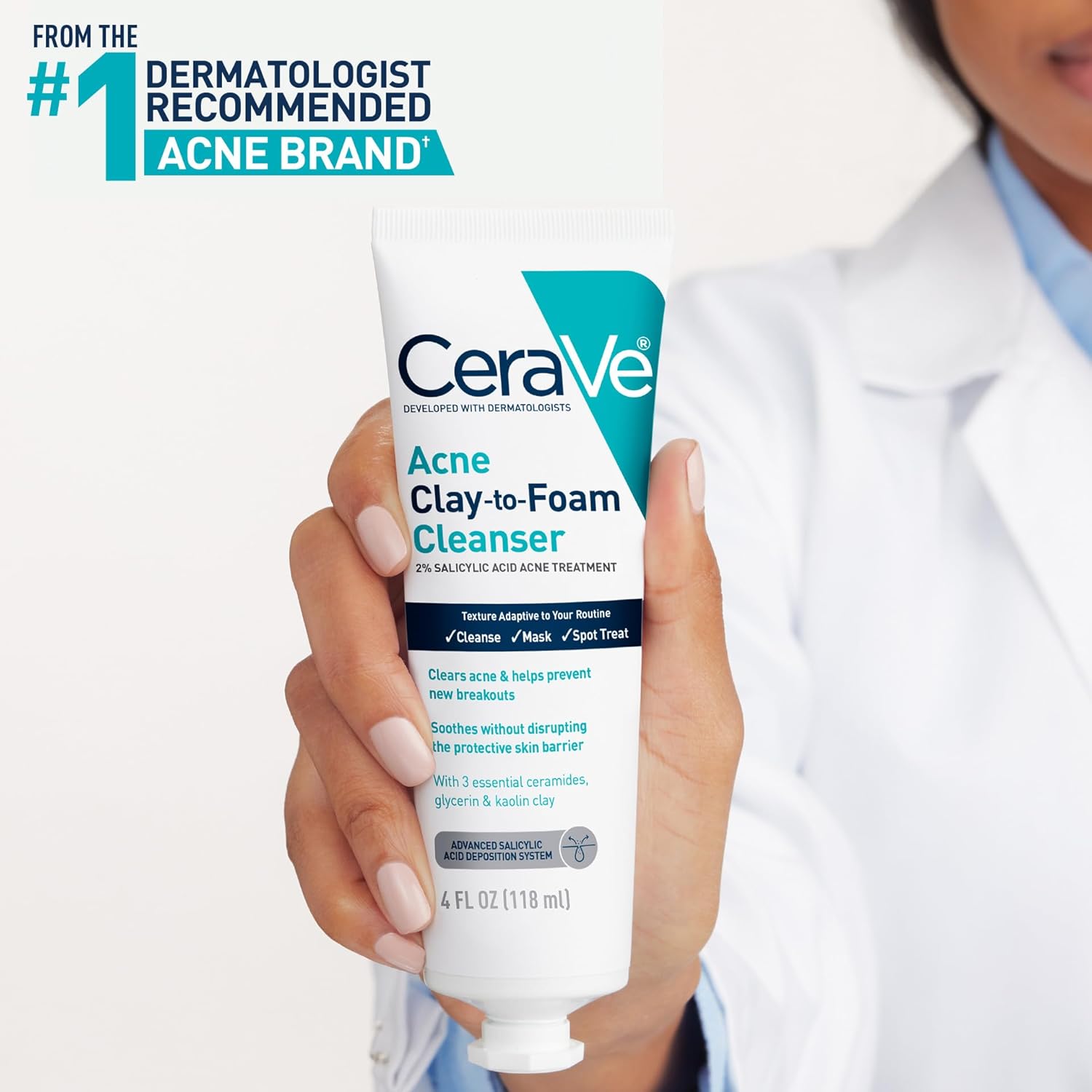 CeraVe_Clay_To_Foam_Acne_Face_Wash,_Multi-Use_Salicylic_Acid_&_Kaolin_Clay_Acne_Spot_Treatment_Clears_Pimples_&_Blackheads,_Prevents_Breakouts,_Hydrates_&_Soothes,_Fragrance-Free,_Non-Comedogenic,_4oz