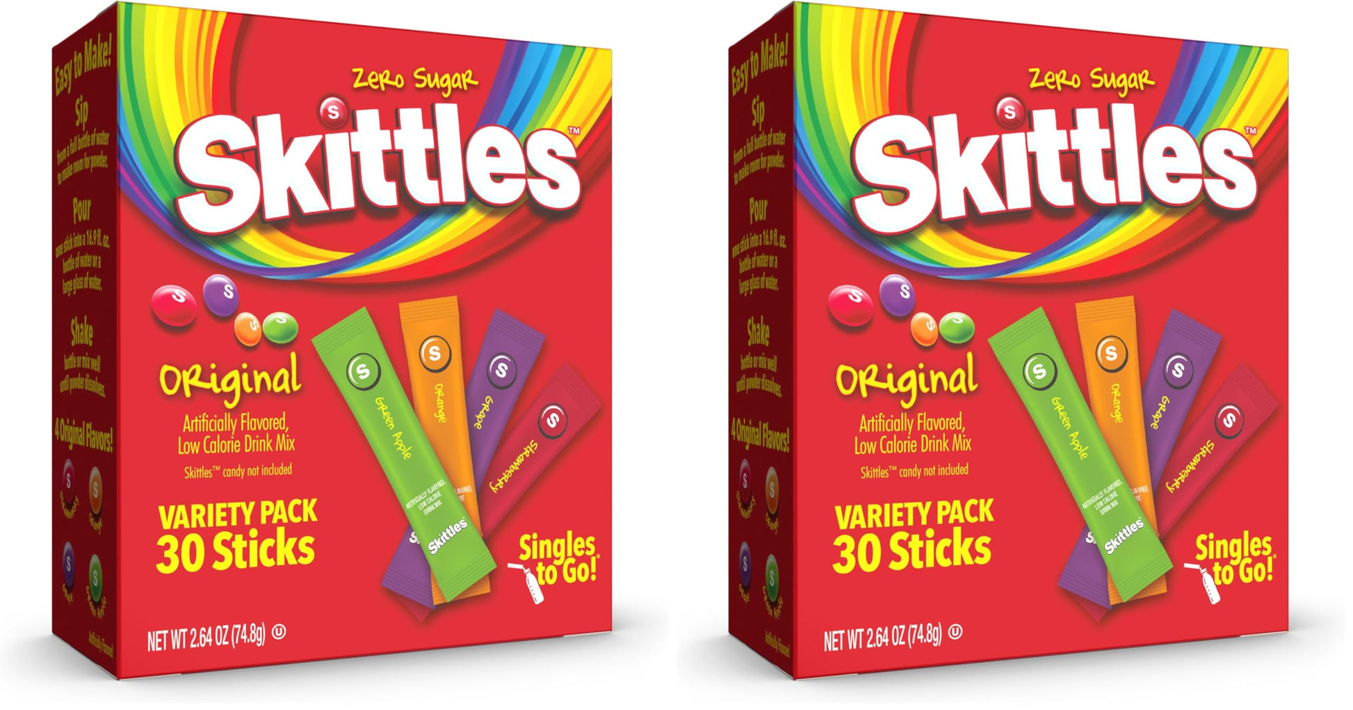 Skittles Singles To Go Variety Pack, Powdered Drink Mix, Zero Sugar, Low Calorie, Includes 4 Flavors: Green Apple, Strawberry, Grape, Orange, 1 Box (30 Single Servings) (Pack of 2)