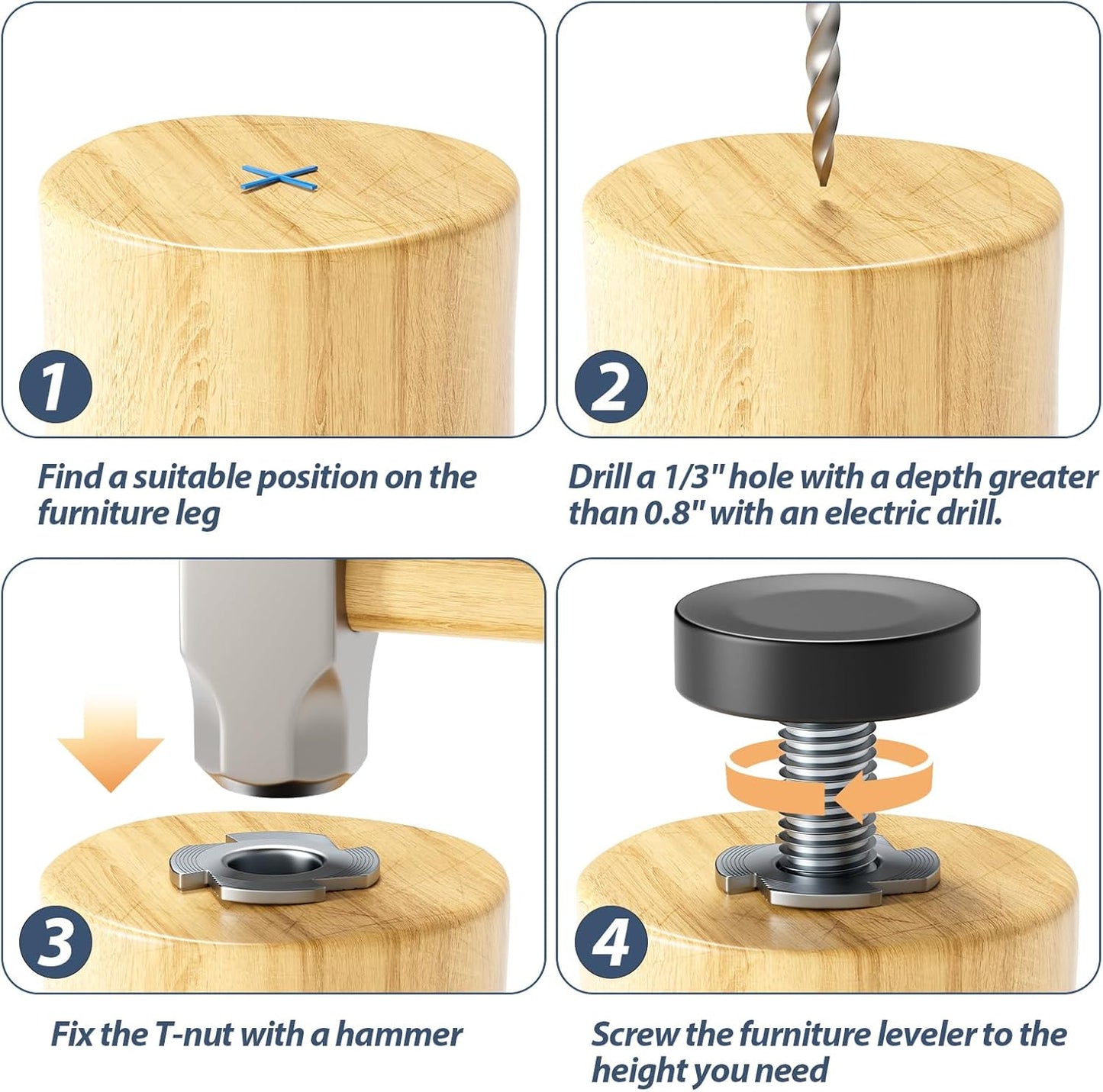 MROCO_Furniture_Leveling_Feet_with_T-Nuts,_12_PCS_1/4"-20_UNC_Thread_Adjustable_Levelers,_Leg_Levelers_Table_Feet_Screw_on_for_Deak,_Chairs,_Stool_Legs,_Cabinet