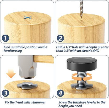 MROCO_Furniture_Leveling_Feet_with_T-Nuts,_12_PCS_1/4"-20_UNC_Thread_Adjustable_Levelers,_Leg_Levelers_Table_Feet_Screw_on_for_Deak,_Chairs,_Stool_Legs,_Cabinet