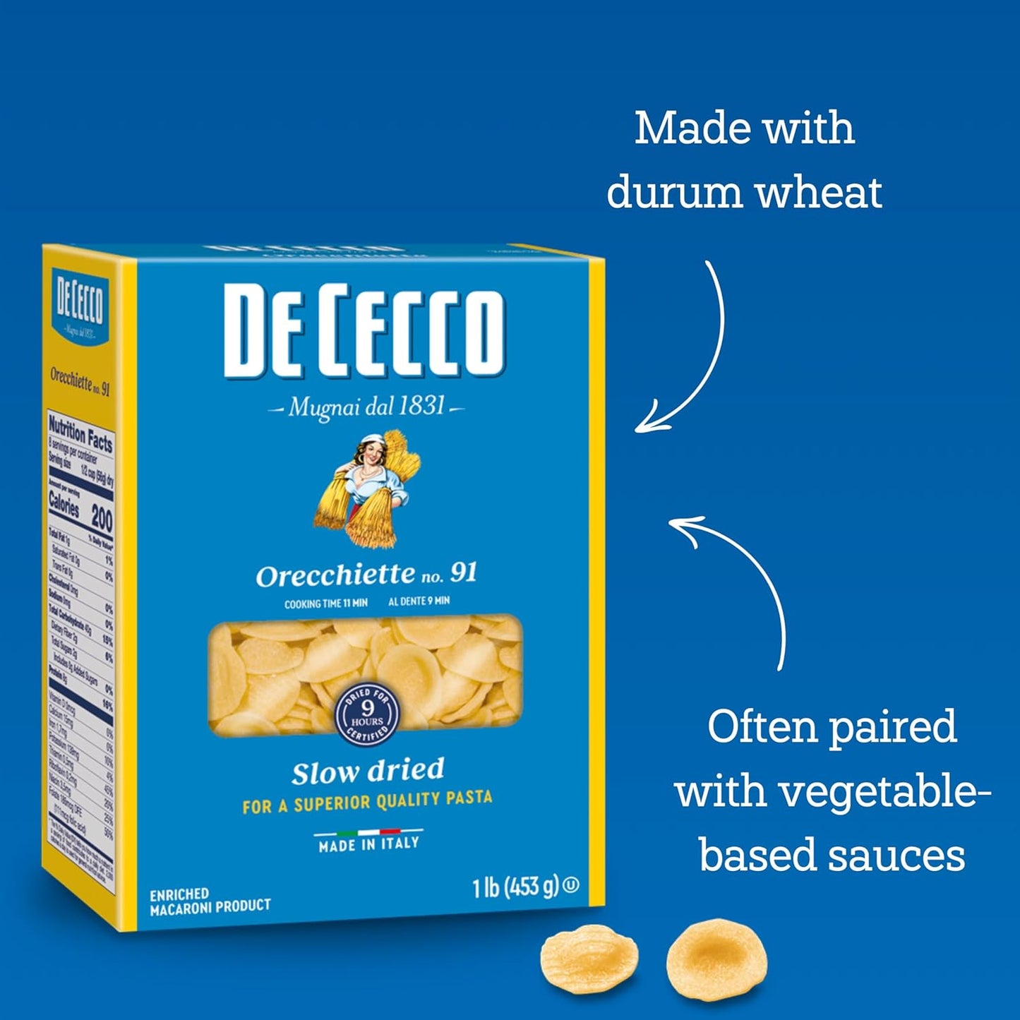 De_Cecco_Orecchiette_No._91_Pasta,_16_Oz,_Authentic,_Slow_Dried,_Made_with_Durum_Wheat,_Versatile_Pasta_for_Sauces_&_Recipes,_Made_in_Italy