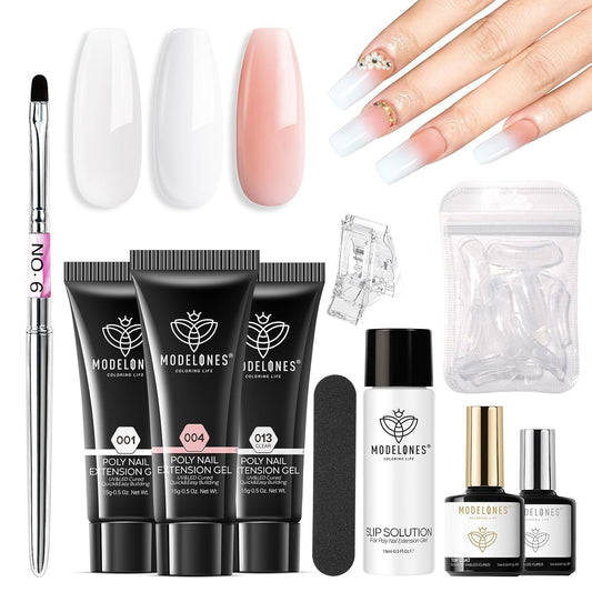 Modelones_Poly_Gel_Nail_Kit_3_Colors_Clear_White_Apricot_with_Slip_Solution_Dual_Nail_Forms_Top_Base_Coat_Extension_Builder_Gel_Enhancement_Professional_Starter_Kit_DIY_Nail_Art_Salon_Use