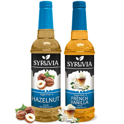 Syruvia Sugar-Free Fruit Flavors Variety Pack Hazelnut &amp;amp; French Vanilla Syrup - 0 Calorie - for Tea, Italian Sodas, Beverages, Desserts, Ice Cream, Cocktails, Kosher, 25.4 fl oz. (2-Pack)