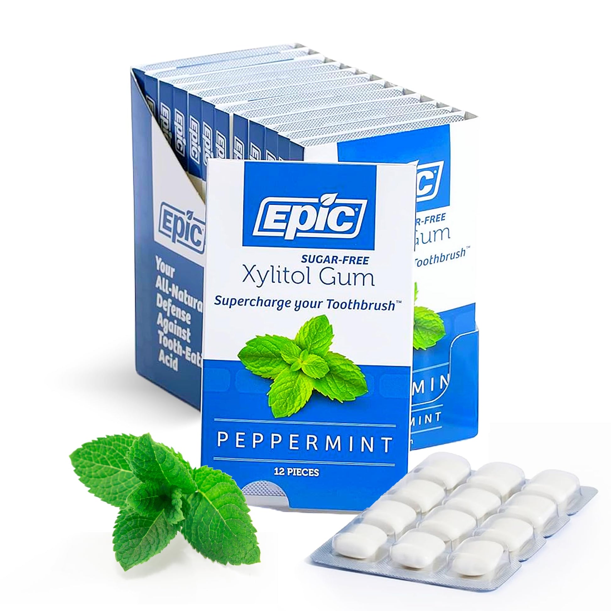 Epic 100% Xylitol Peppermint Chewing Gum - Sugar Free, Aspartame Free Dental Gum - Supports Oral Health &amp;amp; Fresh Breath - 12 Pieces (Pack of 12)